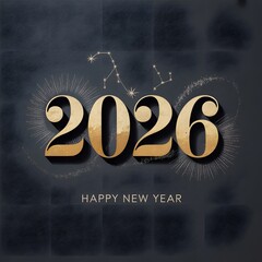 Golden 2026 numbers with constellations and sparkles, happy new year text