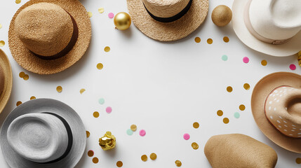 Festive hats displayed on a white surface, festive gatherings in hat displays, joyful moments in accessory prep, celebration vibes with isolated decor, event highlights in party ac