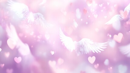 Fototapeta premium Celestial Dreamscape: Soft, ethereal wings and floating hearts in a dreamy display, create a sense of peace. 