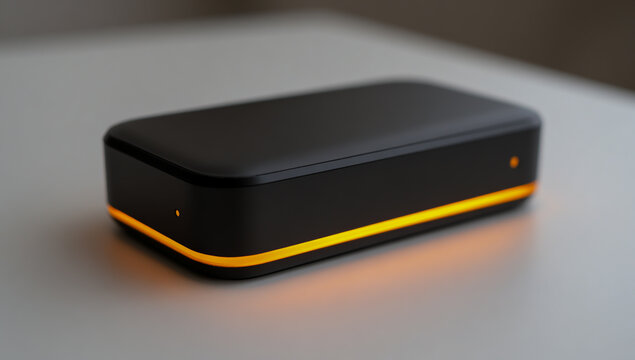 Modern black electronic device with glowing orange light strip on a textured surface