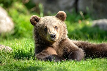 Obraz premium Cute brown bear cub resting calmly high resolution picture