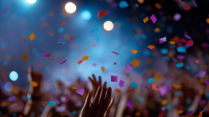 Colorful confetti raining over an excited crowd, festive gatherings in night venues, joyful moments in shower celebrations, celebration vibes with illuminated joy, event highlights
