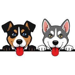 Happy cartoon dogs peeking over a blank sign, two cute puppies with tongues out, adorable pet illustration
