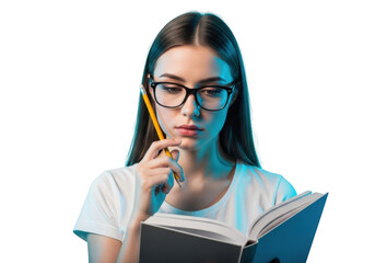 Young woman wearing glasses holding a pencil and book isolated on transparent background