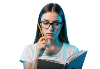 Young woman wearing glasses holding a pencil and book isolated on transparent background
