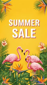 Vibrant Summer Sale Announcement with Flamingos and Tropical Foliage