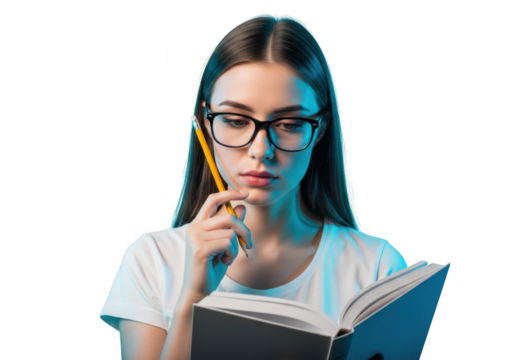 Young woman wearing glasses holding a pencil and book isolated on transparent background