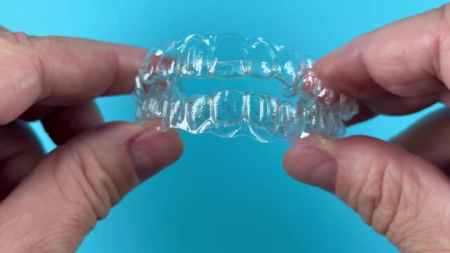 The doctor holds in his hand transparent aligners plastic braces retainers for straightening teeth on a blue background
