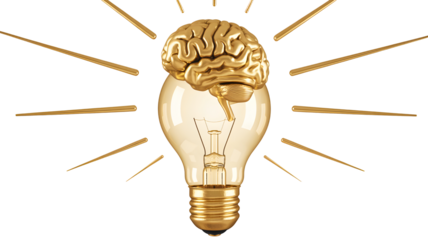 Golden brain emerging from a glowing light bulb symbolizing a brilliant idea or innovation isolated on transparent background