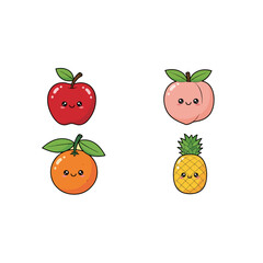 Cute cartoon fruits vector set, sweet apple, happy peach, smiling orange, playful pineapple illustration
