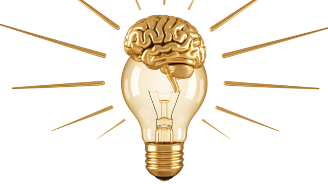 Golden brain emerging from a glowing light bulb symbolizing a brilliant idea or innovation isolated on transparent background