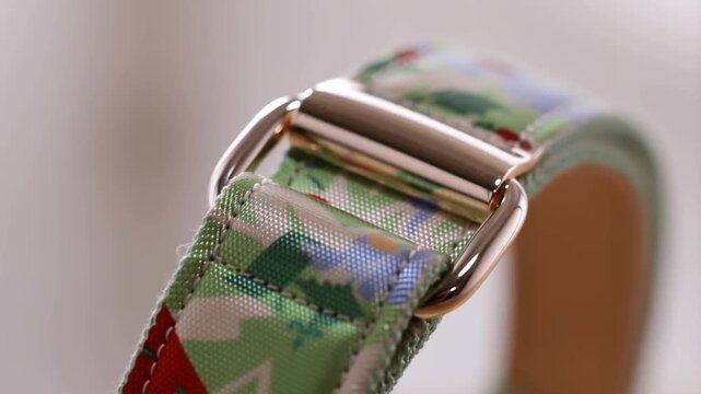 Macro shot of a new shiny dog collar with a festive pattern, light playing on the metal buckle and textured strap, conveying festive style and new beginnings.