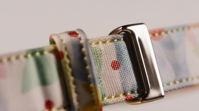 Macro shot of a new shiny dog collar with a festive pattern, light playing on the metal buckle and textured strap, conveying festive style and new beginnings.