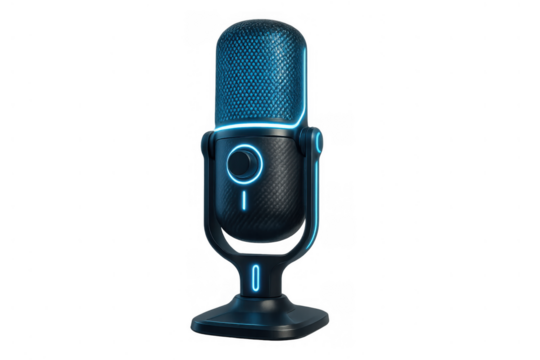 Futuristic neon blue light microphone with carbon fiber texture ideal for podcasting, streaming, and gaming content creation