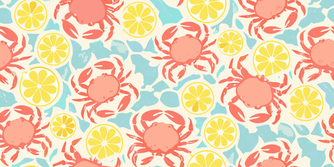 Seamless pattern of coral crabs and yellow lemon slices on a light textured background