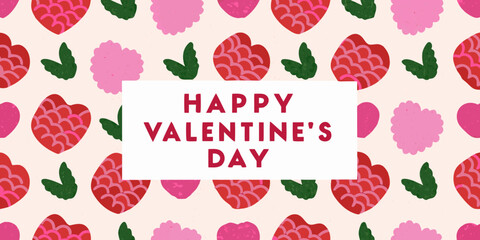 Happy valentines day greeting card with cute heart shapes and leaves pattern background