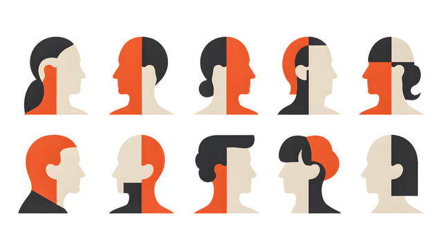 Collection of diverse abstract human profile heads split in half with contrasting colors representing duality and different perspectives isolated on transparent background