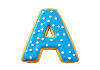 Isolated iced cookie shaped as letter A in blue with white spots for birthday celebration