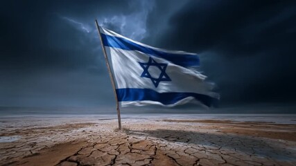 Flag of blue and white, billowing in a desert landscape during a dramatic thunderstorm