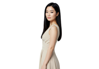 Elegant woman posing in neutral dress for your project