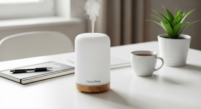 Modern white aroma diffuser with vapor on minimalist home office desk, next to notebook and coffee cup. Fresh air, modern wellness, self-care, home spa, contemporary living, serenity, relaxation