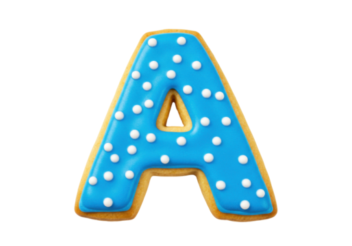 Isolated iced cookie shaped as letter A in blue with white spots for birthday celebration - Powered by Adobe