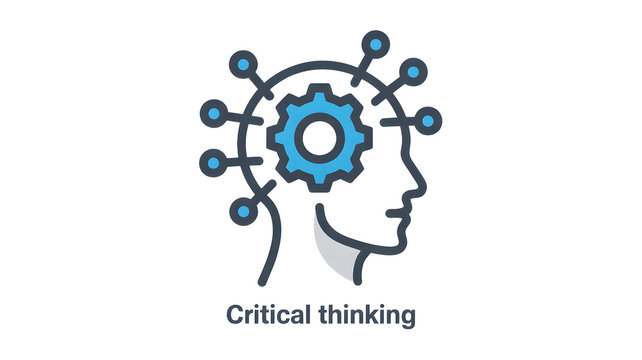 Abstract illustration of a human head profile with a blue gear inside representing critical thinking and problem solving isolated on transparent background