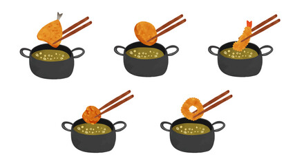 揚げ物鍋とアジフライ・ポテトコロッケ・エビフライ・唐揚げ・イカリングのセット　水彩風手描きベクターイラスト