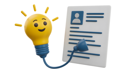 Happy cartoon light bulb character with a smiling face connected by a cable to a resume document isolated on transparent background