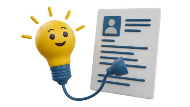 Happy cartoon light bulb character with a smiling face connected by a cable to a resume document isolated on transparent background