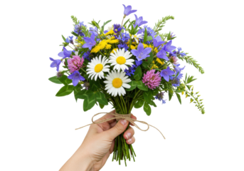 Isolated colorful wildflower bouquet held by hand, tied with twine, natural beauty, gift idea