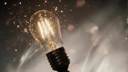 Illuminated vintage lightbulb with filaments radiating, surrounded by particles and atmospheric elements