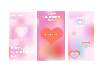 Minimal Y2K pastel gradient cards with blurred hearts and typography. Stylish Valentine Day background for social media template. Love covers in trendy style