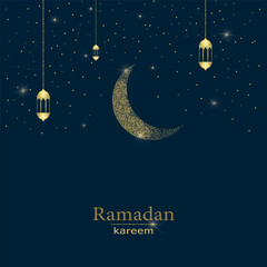 Islamic night background with golden crescent moon with lanterns. Perfect for Ramadan and Eid designs. Vector Illustration.
