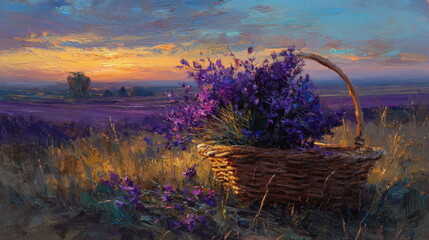 Lavender flowers - Sunset over a summer purple lavender field.
