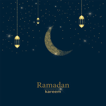 Islamic night background with golden crescent moon with lanterns. Perfect for Ramadan and Eid designs. Vector Illustration.
