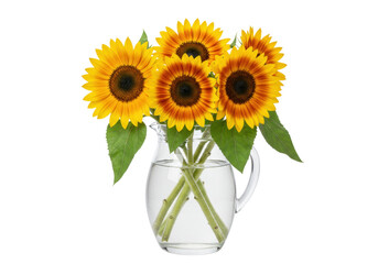 Isolated bouquet of sunflowers in a glass pitcher, water-filled decorative table setting