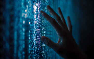Human hand touching a glowing blue digital screen with abstract data and code