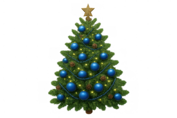 Christmas tree with blue ornaments, festive holiday decoration, star, lights, pine cones, transparent background
