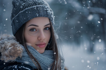 Portret kobiety w zimowej scenerii podczas śniegu – stylowa odzież, naturalne piękno i magiczny klimat zimy.