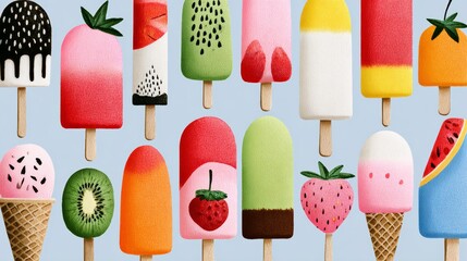 A colorful array of ice cream and fruit popsicles. The popsicles are arranged in a row, with some featuring strawberries, kiwi, and watermelon. Scene is cheerful and playful