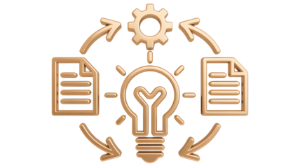 Conceptual golden 3d illustration of a business process workflow with a central light bulb idea and surrounding gears and documents isolated on transparent background
