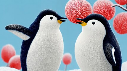 Two penguins are standing next to each other, one of them holding a red fruit. The scene is set in a snowy environment, with the penguins surrounded by red berries. Scene is playful and lighthearted