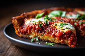 Chicago-style deep-dish pizza slice with fresh basil on a plate.