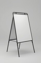 A blank A-frame sign, also known as a sandwich board, stands ready for customization. Its pristine white display panels and sleek black metal frame offer an ideal clean canvas against a neutral backgr