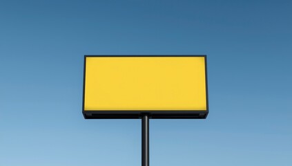 A bright, blank yellow billboard stands prominently against a clear blue sky. This minimalist outdoor sign is a versatile canvas for advertising, marketing, or communication. Perfect for digital mocku