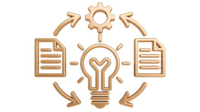 Conceptual golden 3d illustration of a business process workflow with a central light bulb idea and surrounding gears and documents isolated on transparent background