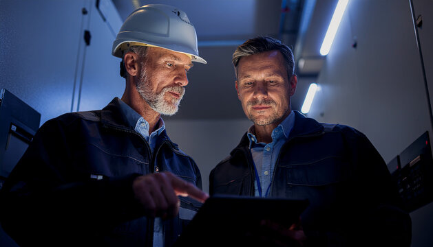 Two Engineers Reviewing Data on Tablet in Dark Industrial Setting