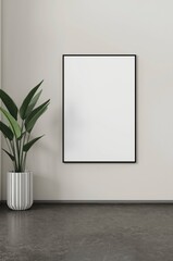 A clean, minimalist interior showcases a large blank white frame on a light wall, ideal for mockups. A green plant in a striped pot adds a natural touch, complementing the dark floor for a serene, mod