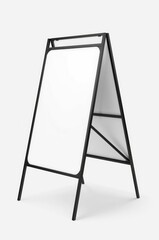 A clean, modern A-frame sign, also known as a sandwich board, stands prominently with blank white display panels ready for custom content. The sleek black metal frame provides a minimalist and profess